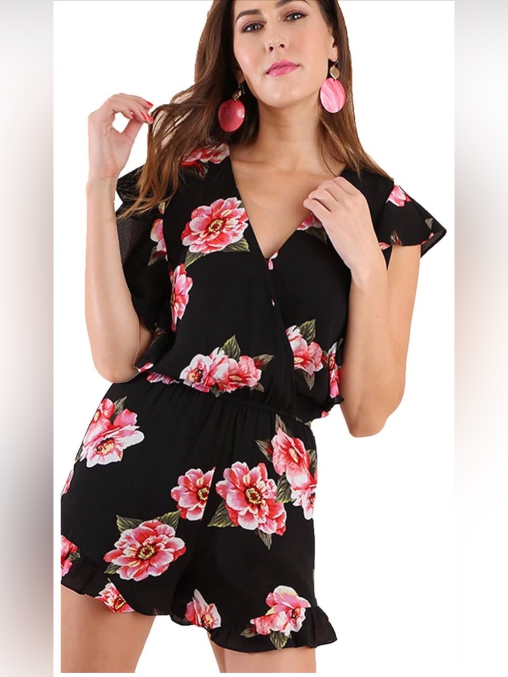 Umgee Black Floral Romper with Pink Flowers